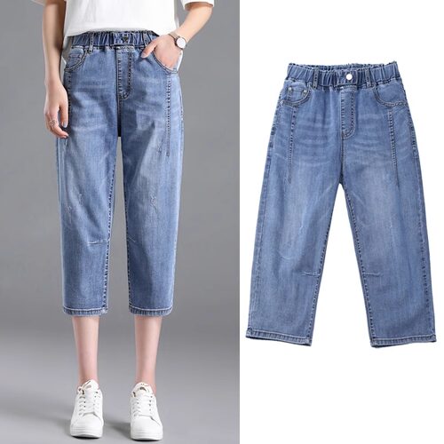 七分牛仔裤女夏季薄款新款宽松显瘦松紧腰7分哈伦大码直筒中裤子