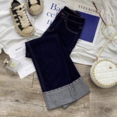 2025新款 女春季 窄版 法棍裤 子 丹宁蓝色卷边烟管裤 翻边直筒裤 牛仔裤