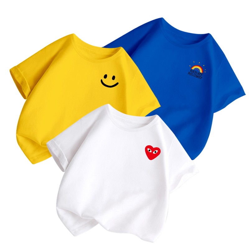 女童笑脸彩虹半袖夏季儿童短袖纯棉t恤新品童装男童卡通韩版绿色