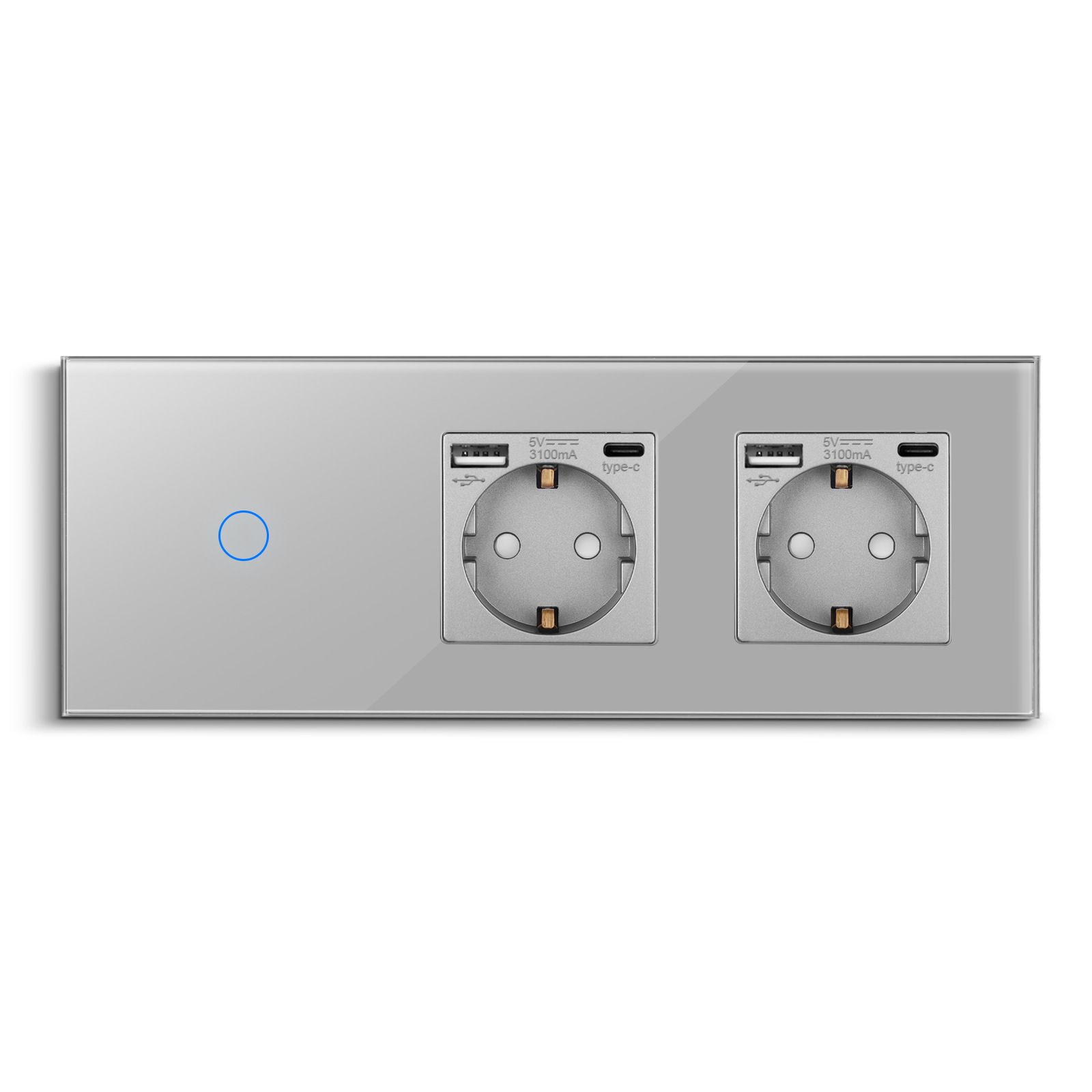 灰色1G触摸开关带2个USB/Type-C德式插座玻璃平板带接地俄罗斯