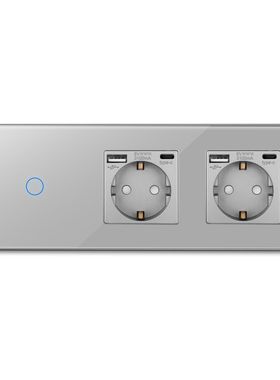 灰色1G触摸开关带2个USB/Type-C德式插座玻璃平板带接地俄罗斯