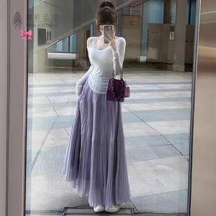 雪纺压褶半身裙女夏宽松大裙摆a字长裙飘逸仙女裙中高腰裙子