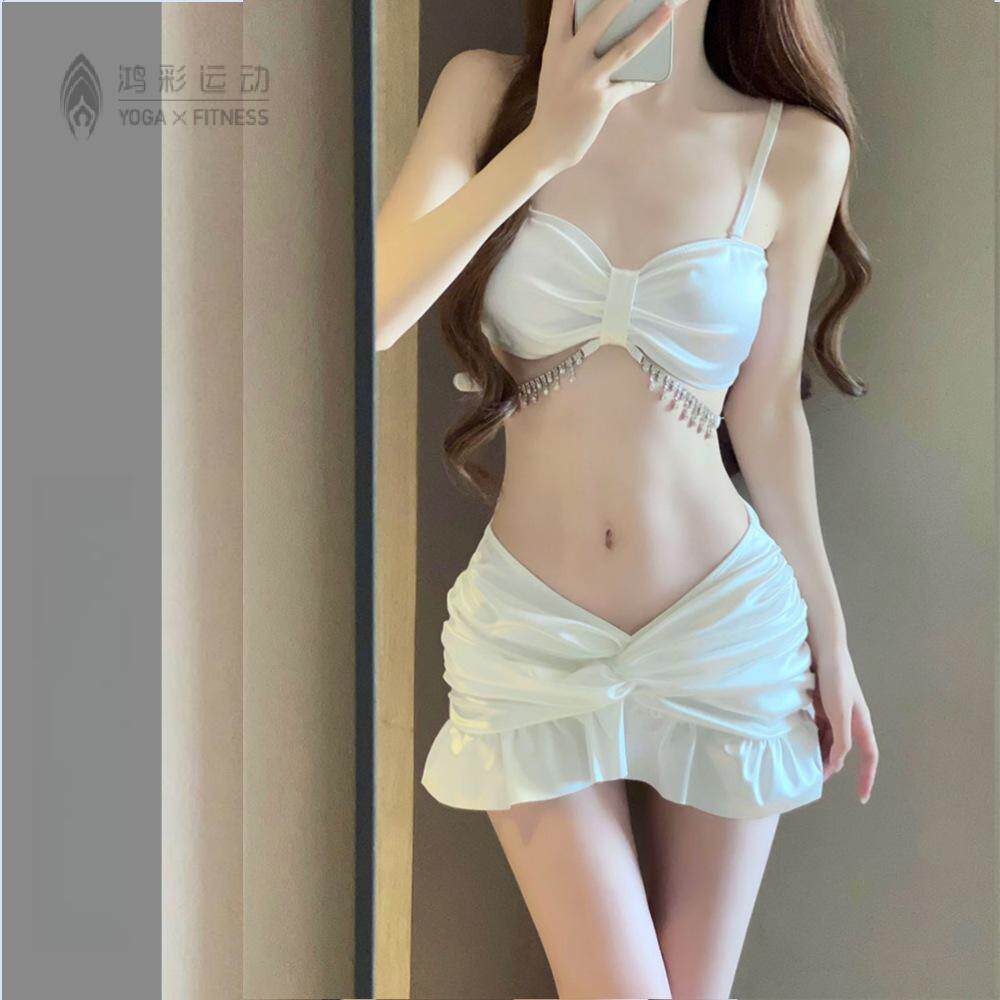 比基尼泳衣女性感三件套白色水钻