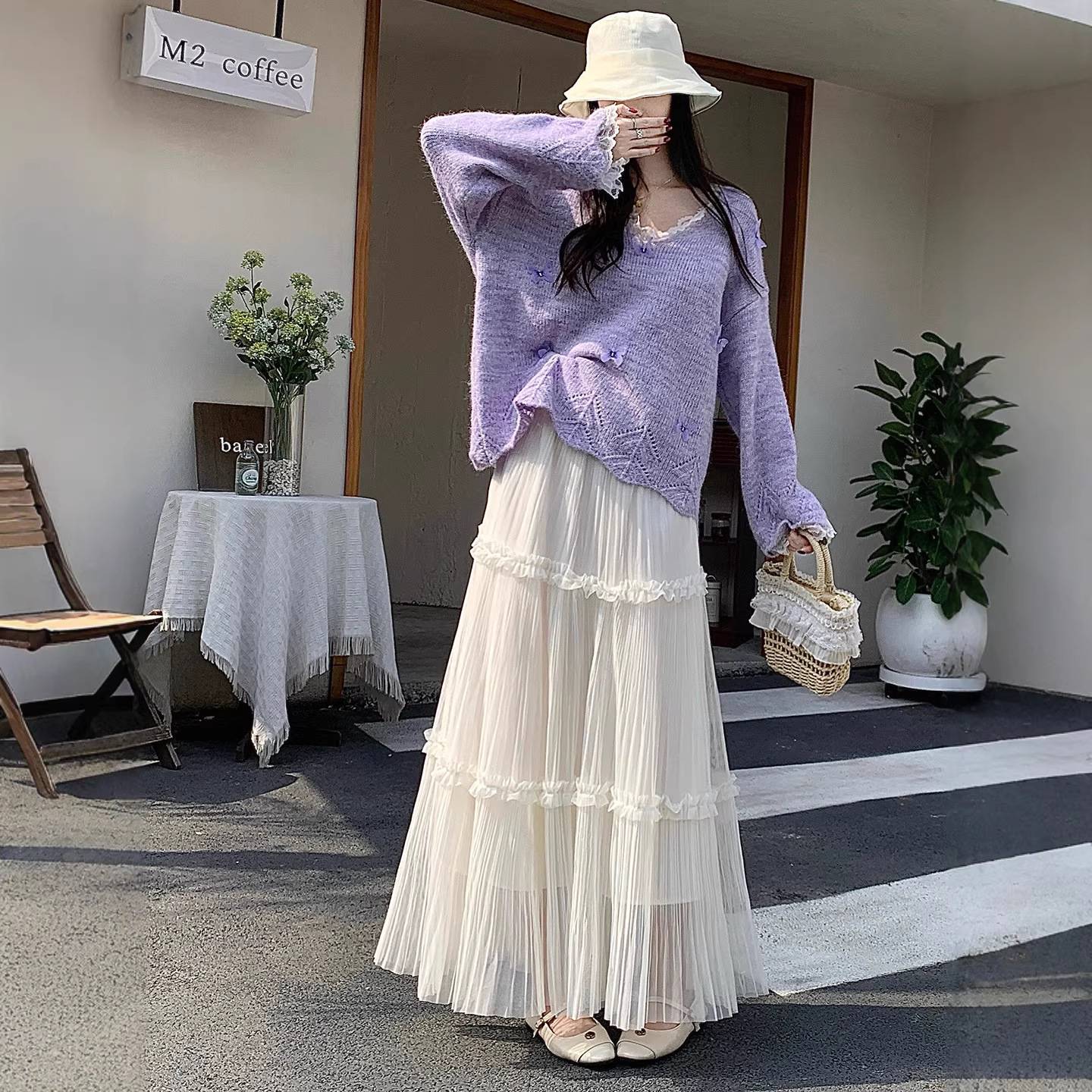 网纱拼接木耳边高腰A字蛋糕裙女