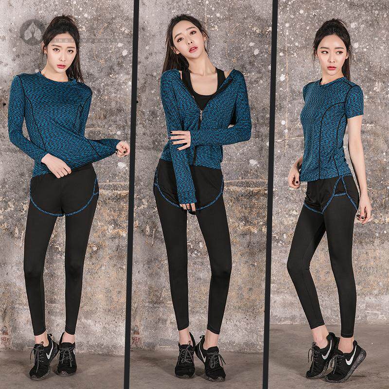 瑜伽服健身套装女春夏速干连帽运动跑步外套假两件紧身裤运动服
