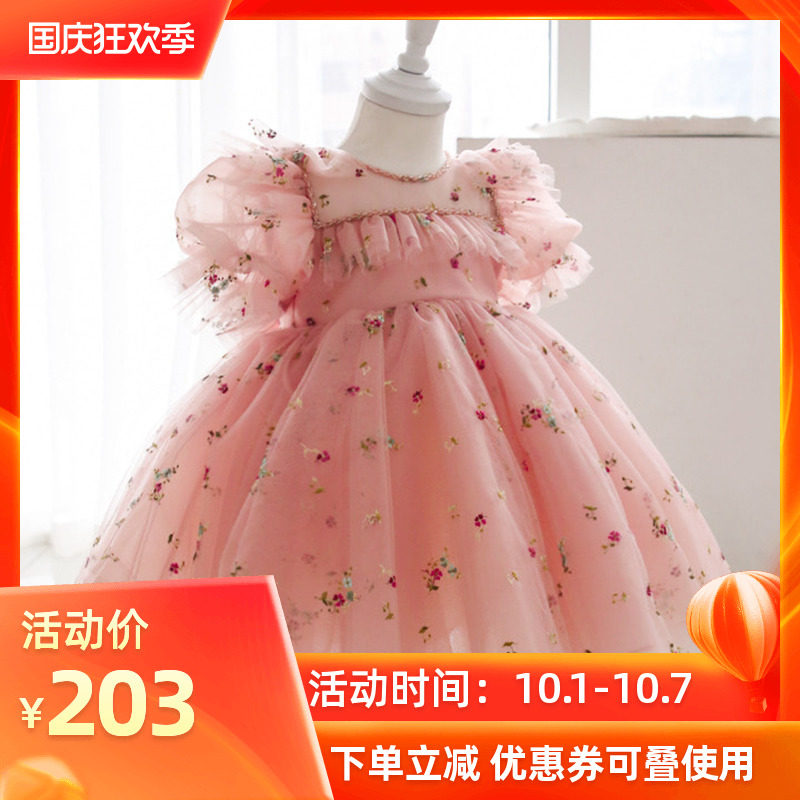 周岁女宝宝生日礼服高端花童婚礼小女孩粉色儿童公主裙一岁蓬蓬纱