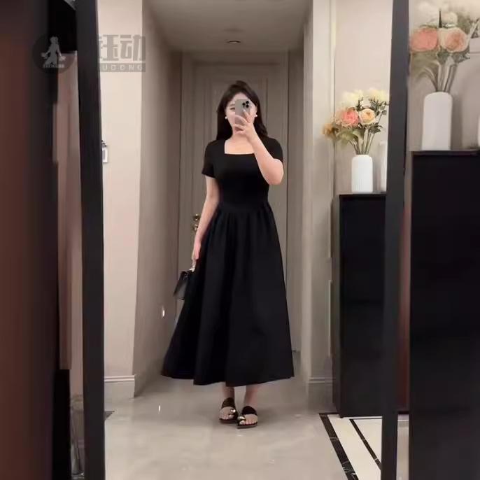 小黑裙长款连衣裙女收腰小个子裙子显瘦2026夏季长裙a字裙小香风