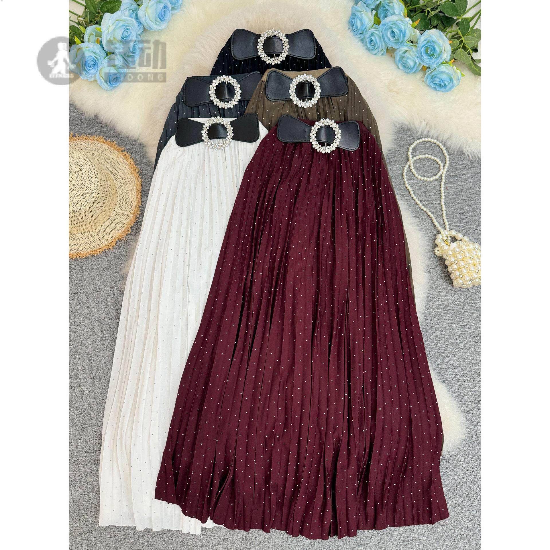 轻奢重工钉钻百褶半身裙夏季薄款休闲通勤百搭高腰显瘦中长款裙子