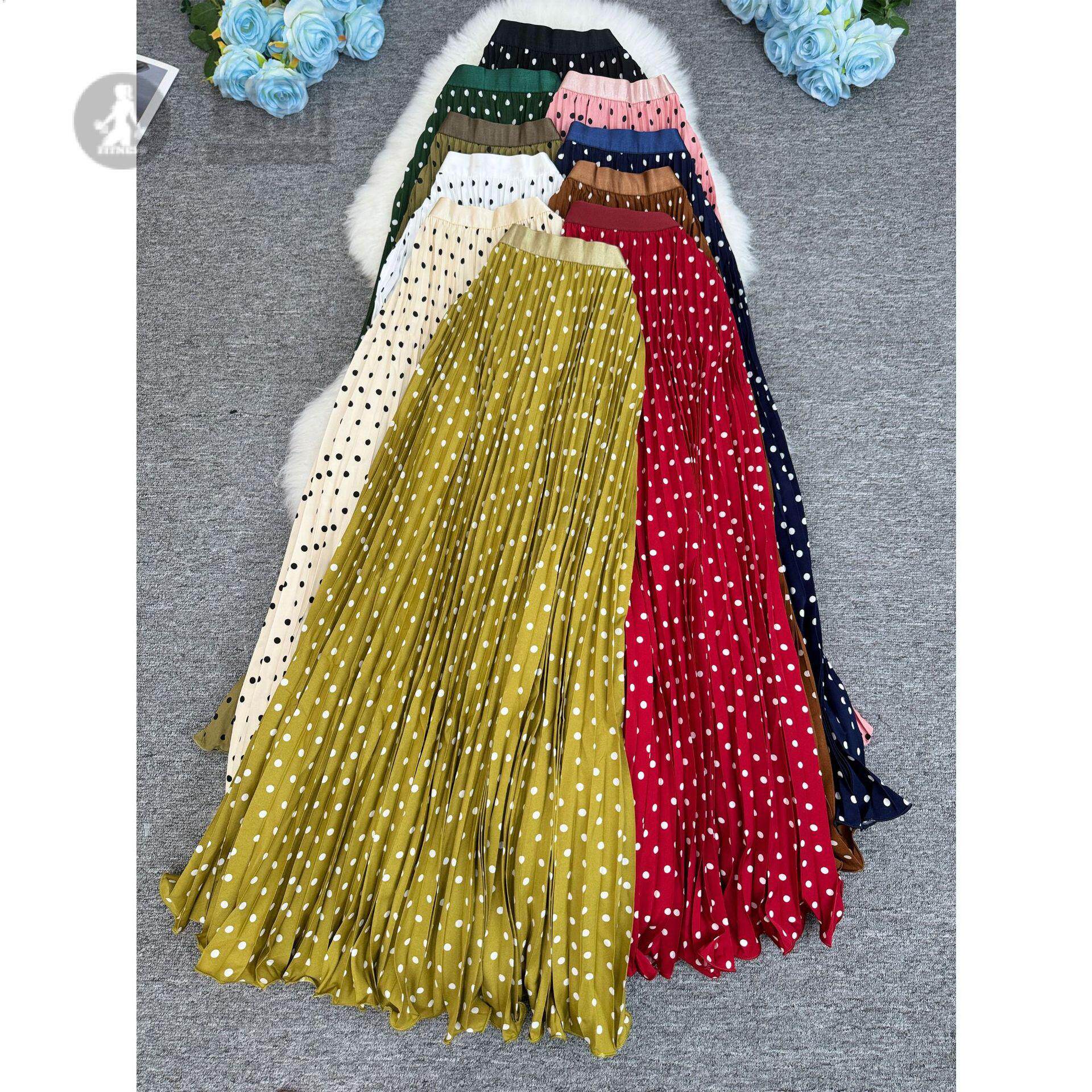 95m夏季南非北美波点半身裙经典百搭显瘦百褶裙长款裙子女