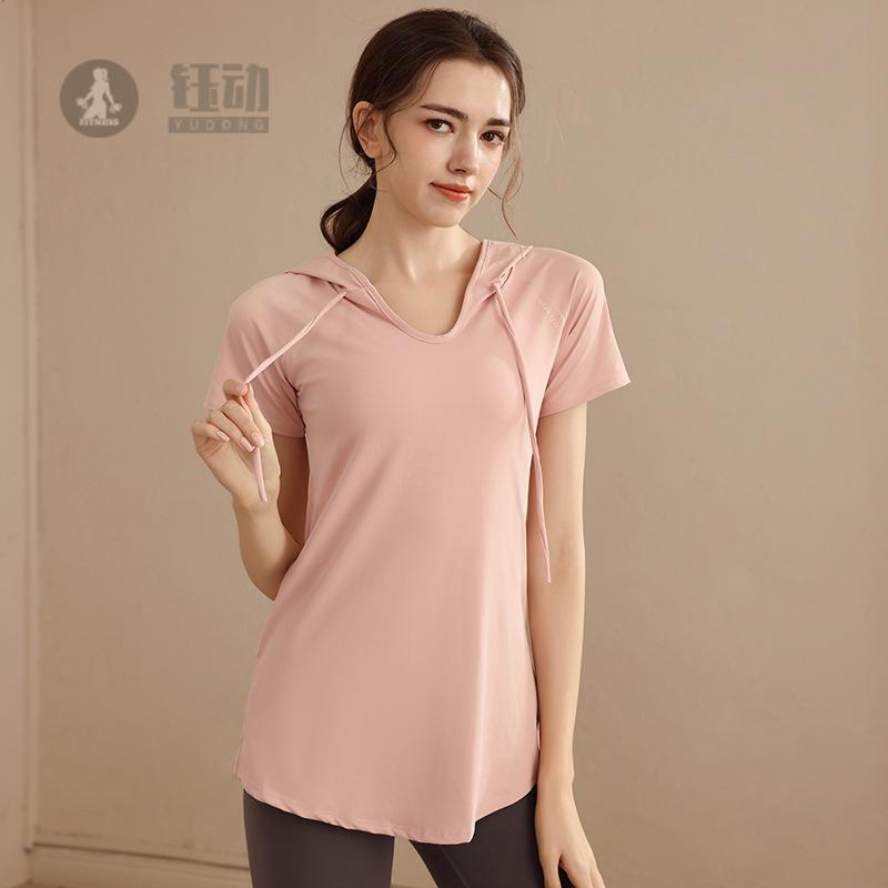 宽松显瘦遮臀中长款运动短袖T恤女专业速干连帽健身服T恤瑜伽罩衫