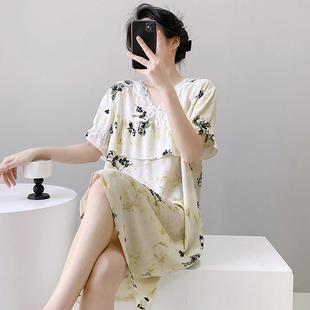 新款夏季棉绸睡裙女防凸点薄款短袖洋装睡衣人造棉妈妈款家居服
