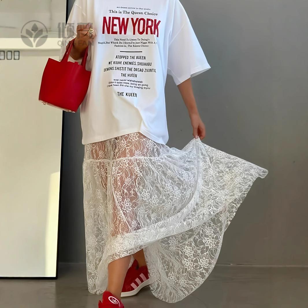 宽松锦蕾丝提花高腰半身裙5XL