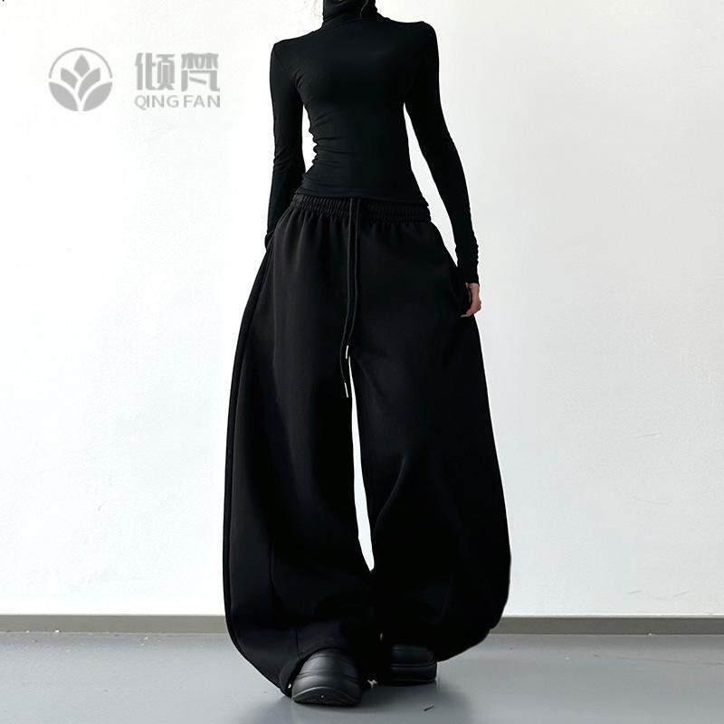 黑色加绒加厚运动裤女秋冬2025新款宽松美式卫裤显瘦阔腿裤慵懒风