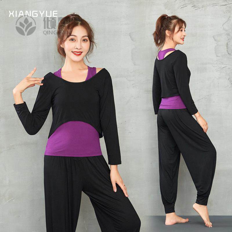 瑜伽服女套装春款健身房宽松显瘦中长袖运动练功舞蹈服三件套