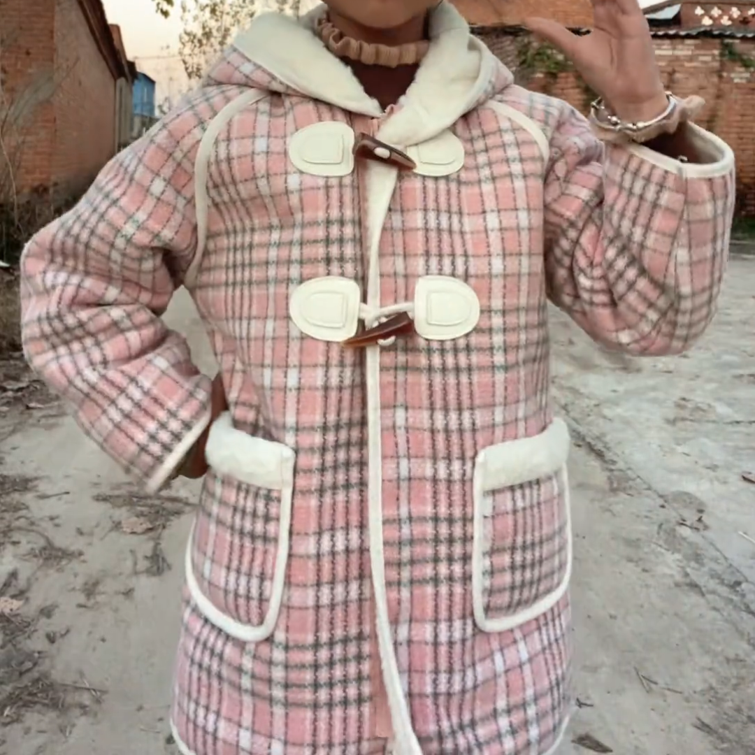 女童毛呢外套加绒中长款