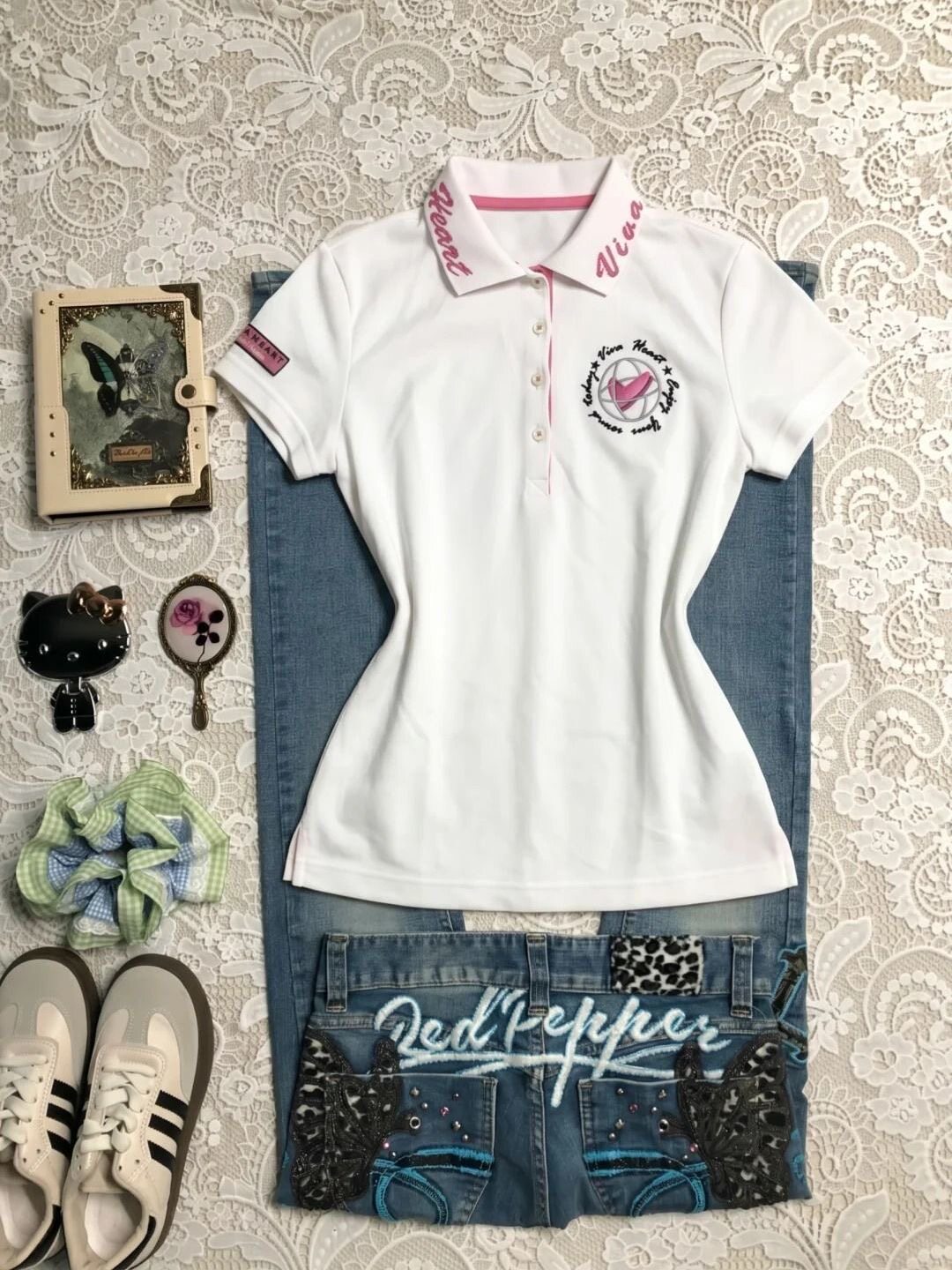 夏季新款白色刺绣上衣vintage古着修身收腰显瘦正肩百搭短袖T恤女