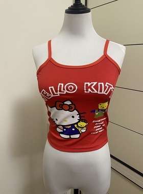 怪味少女猫咪印花红色背心小众辣妹可爱卡通学院风打底背心紧身