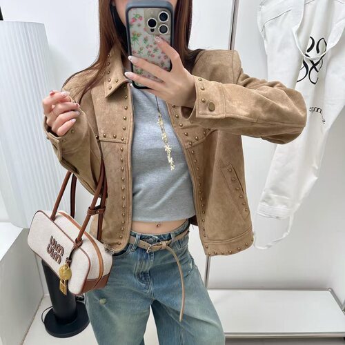 美式复古铆钉机车服外套女秋季街头高级感翻领廓形感夹克上衣