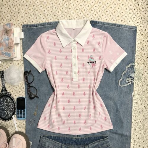 粉色条纹修身小衫古着短袖女夏季新款修身收腰显瘦百搭上衣爆款