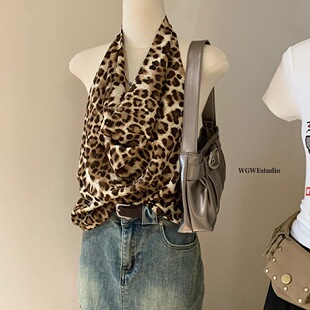 美式复古豹纹挂脖荡领吊带背心女夏季新设计感小众内搭无袖上衣