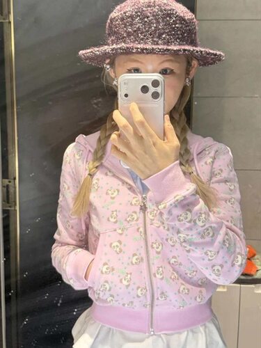 JinYi 韩系粉色熊猫印花连帽卫衣女修身时尚百搭显瘦小个子短外套