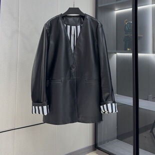 条纹内衬高级气质皮夹克上衣 新款 复古皮衣外套短款 2026春装