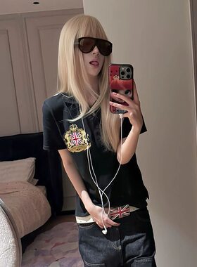 美式复古正肩polo衫t恤女夏季新款米字旗帜刺绣短袖修身辣妹上衣