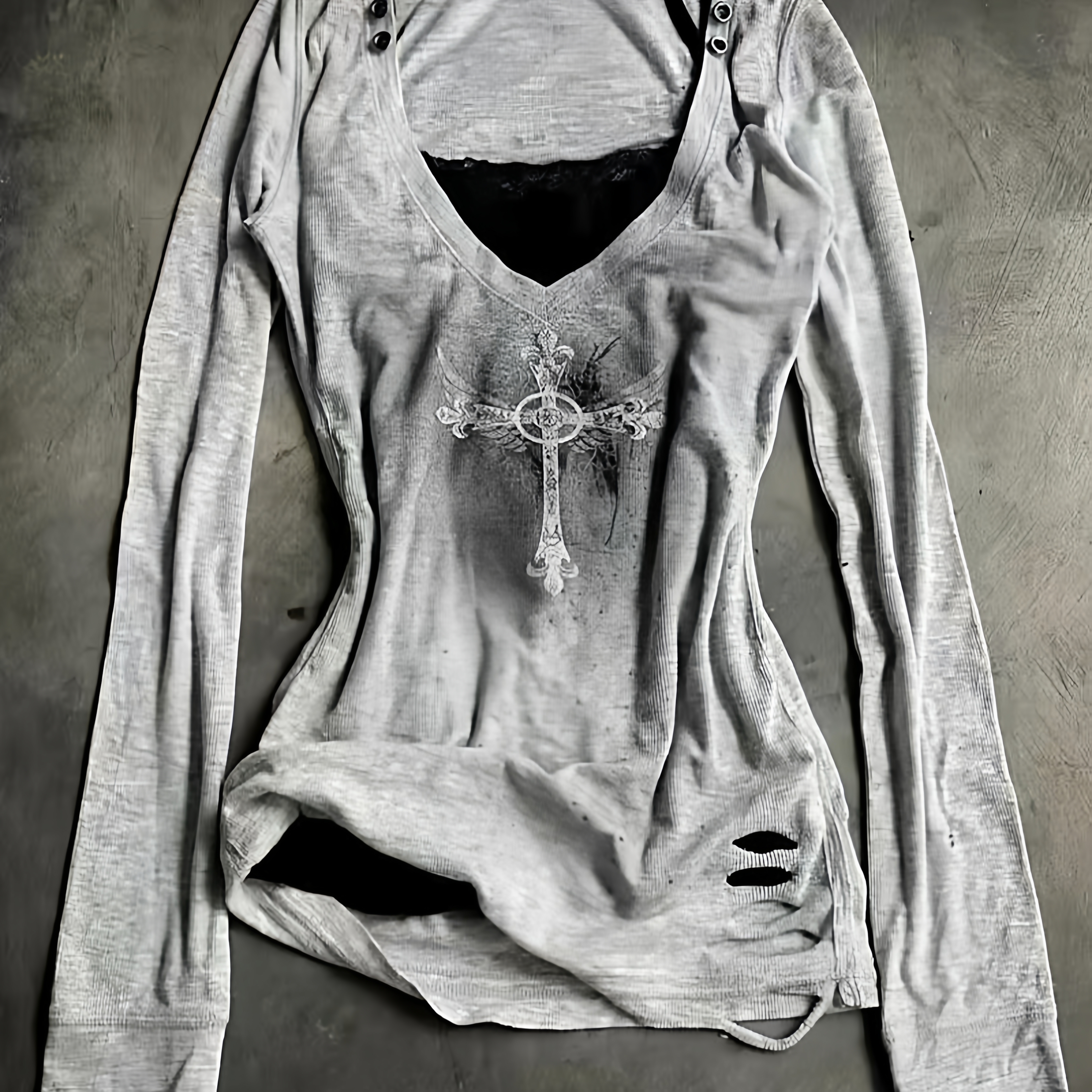 美式复古十字架印花做旧两件套长袖T恤女秋季新款设计感小众修身