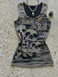 日系涩谷辣妹朋克轻亚y2k灰色字母骷髅堆满印圆领背心上衣vintage