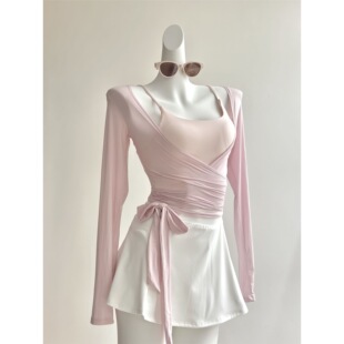 上衣女 外穿百搭设计感T恤开衫 甜美可爱休闲时尚 交叉绑带瑜伽罩衫