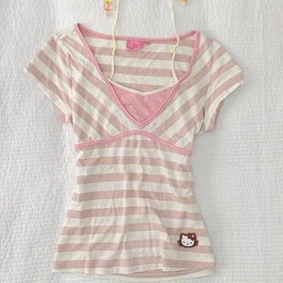 复古着vintage千禧y2k甜辣妹古早日杂上衣条纹系带短袖假两件t恤
