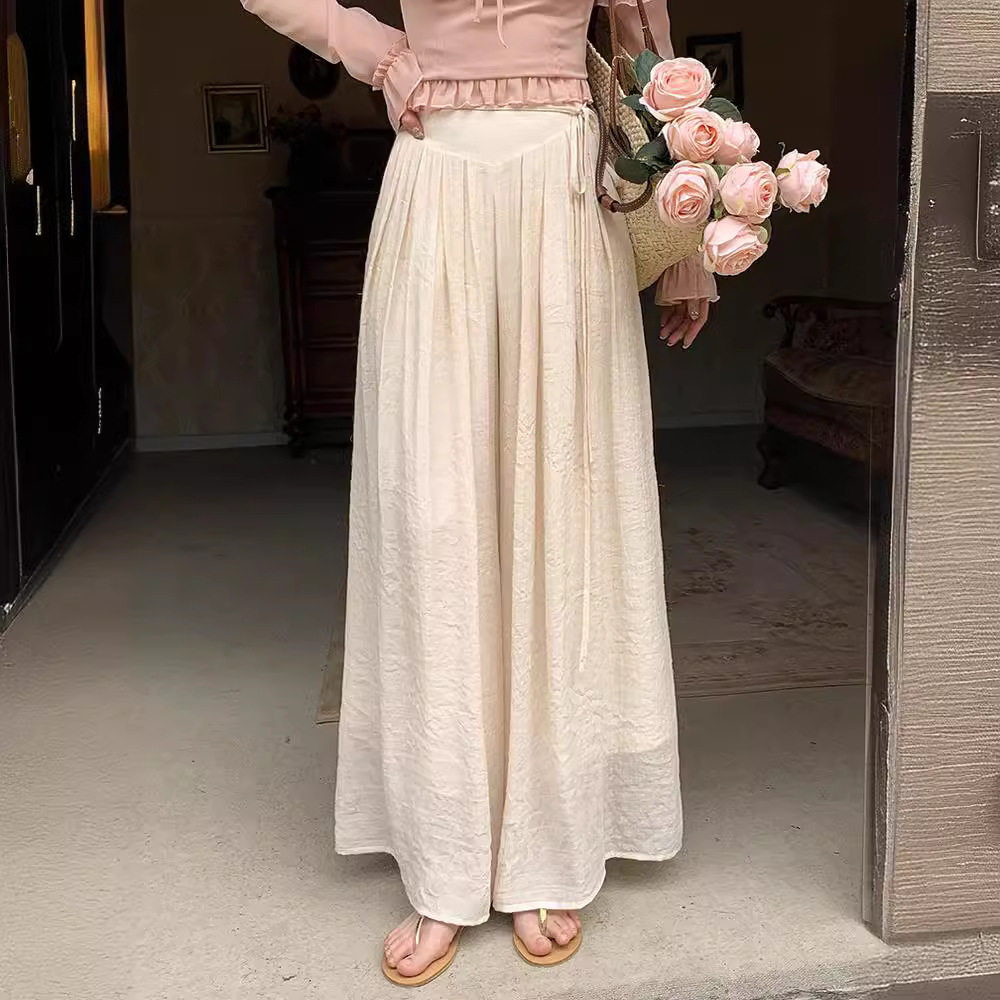 甜美设计感纯色系带高腰显瘦百褶