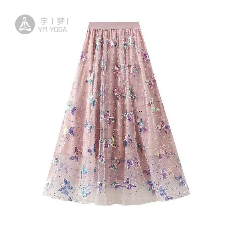 重工刺绣亮片网纱高腰A字仙女女