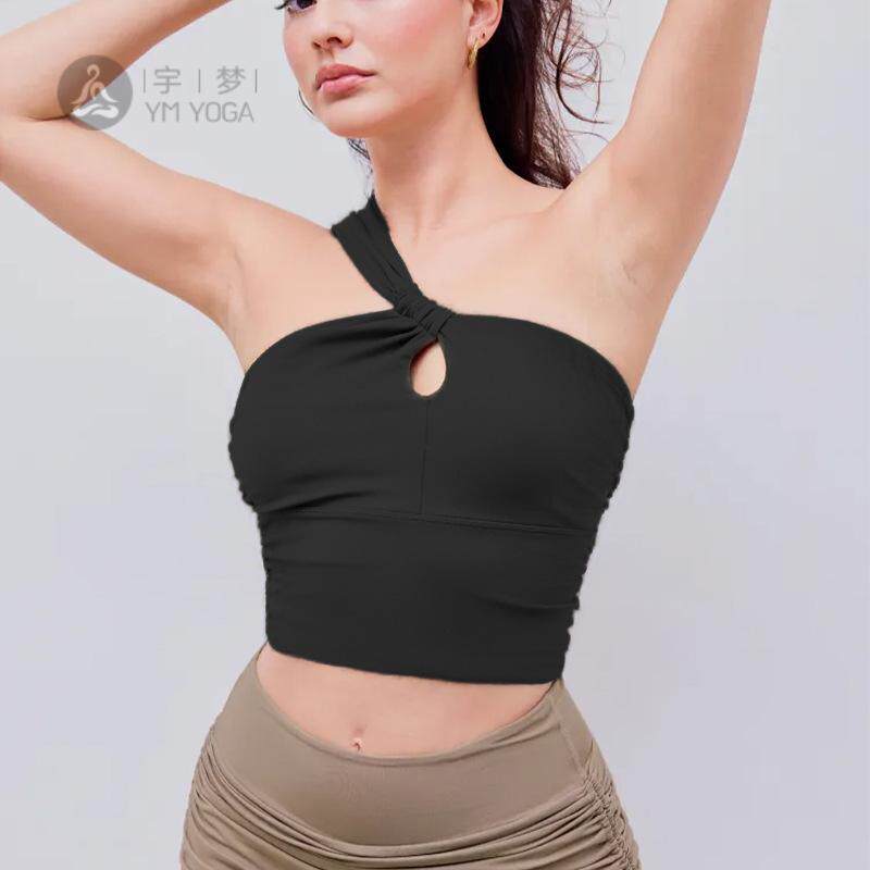 褶皱镂空瑜伽服单肩不规则运动内衣舞蹈训练健身背心带胸垫女