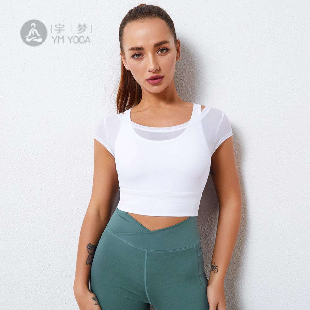 欧美速干瑜伽服女假两件网纱短袖