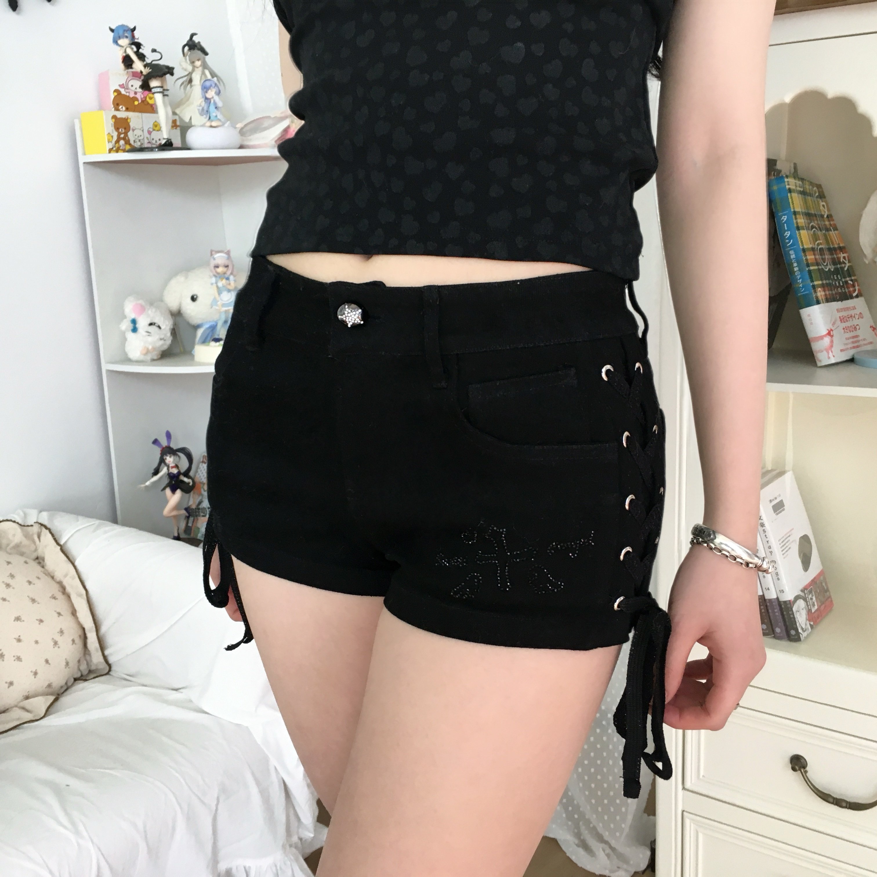 thumbnail for Popbus original lace-up hot diamond denim stretch rich crotch slim low waist hip super shorts bubble bus