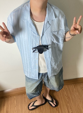 SAMS「夏日海洋」蓝色条纹短袖衬衫男款宽松百搭基础衬衣简约上衣