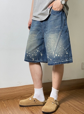 SAMS「水洗做旧泼墨设计」复古牛仔短裤男宽松直筒休闲五分中裤潮