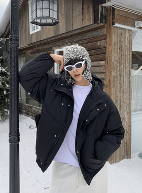 SAMS【分割拼接夹绳设计】黑色90白鸭绒羽绒服男连帽立领冬季外套