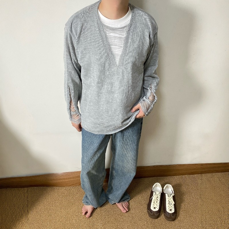 SAMS「毛织散边 小众设计」灰色毛衣男破洞V领针织衫宽松休闲套头