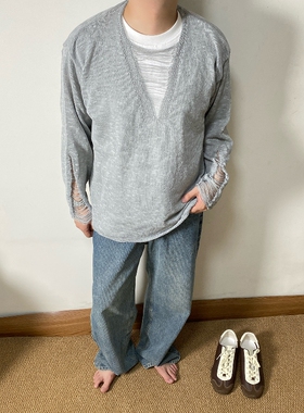 SAMS「毛织散边 小众设计」灰色毛衣男破洞V领针织衫宽松休闲套头