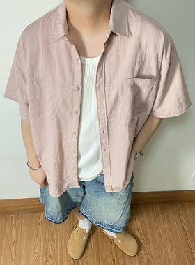 SAMS「藕粉色显白」夏季高级感痞帅衬衫男短袖休闲宽松度假风衬衣