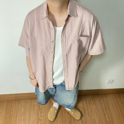 SAMS「藕粉色显白」夏季高级感痞帅衬衫男短袖休闲宽松度假风衬衣