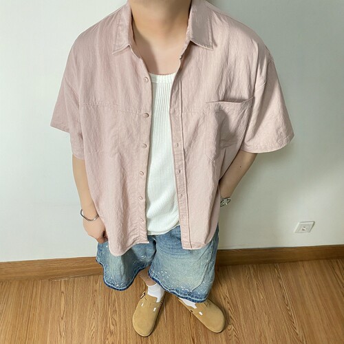 SAMS「藕粉色显白」夏季高级感痞帅衬衫男短袖休闲宽松度假风衬衣