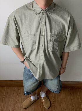 SAMS「工装风水洗做旧」美式格子衬衫男短袖宽松百搭易打理衬衣潮