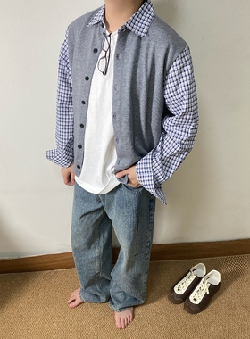 SAMS「毛织拼接格子」秋冬季慵懒长袖衬衫男女同款高级感软糯毛衣