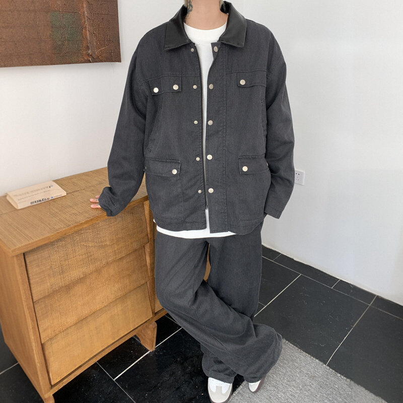 SAMS【领口拼PU设计】日系复古牛仔夹克外套男女老爹潮流工装上衣