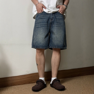 水洗磨白做旧 休闲直筒五分裤 复古牛仔短裤 美式 潮流 男夏季 CROW
