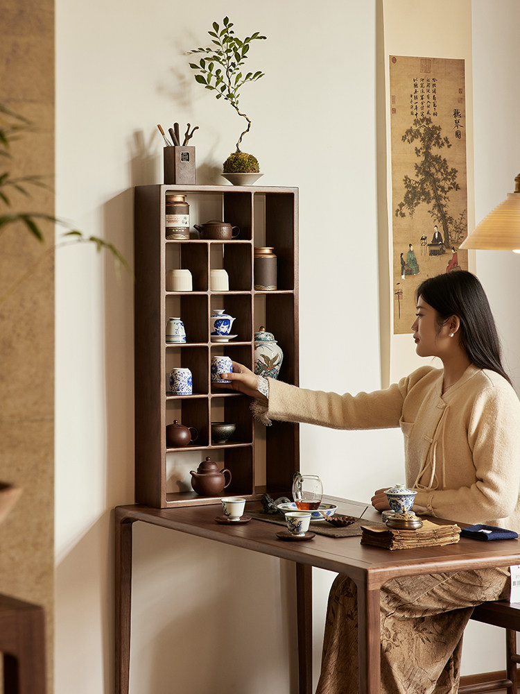 北美黑胡桃双宝格茶具架实木壁挂式储物架茶室装饰品桌面储物架实