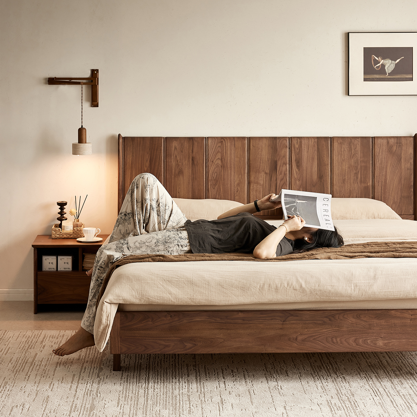水墨兰亭实木床北美黑胡桃木主卧高靠背床北欧简约复古双人悬浮床